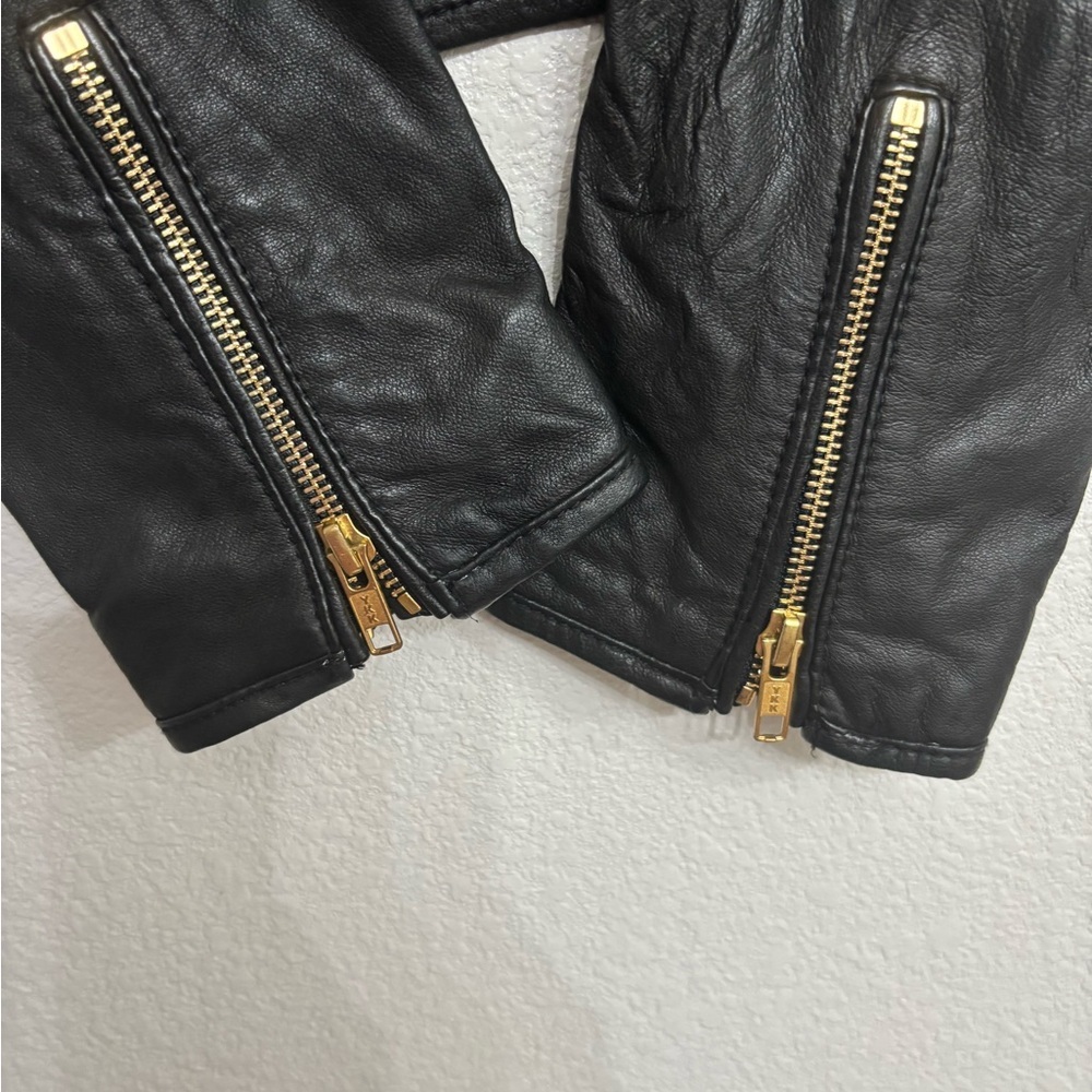 Anthropologie Idra Black Leather Moto Jacket Gold Zip Cropped Biker Edgy Chic - Picture 4 of 14